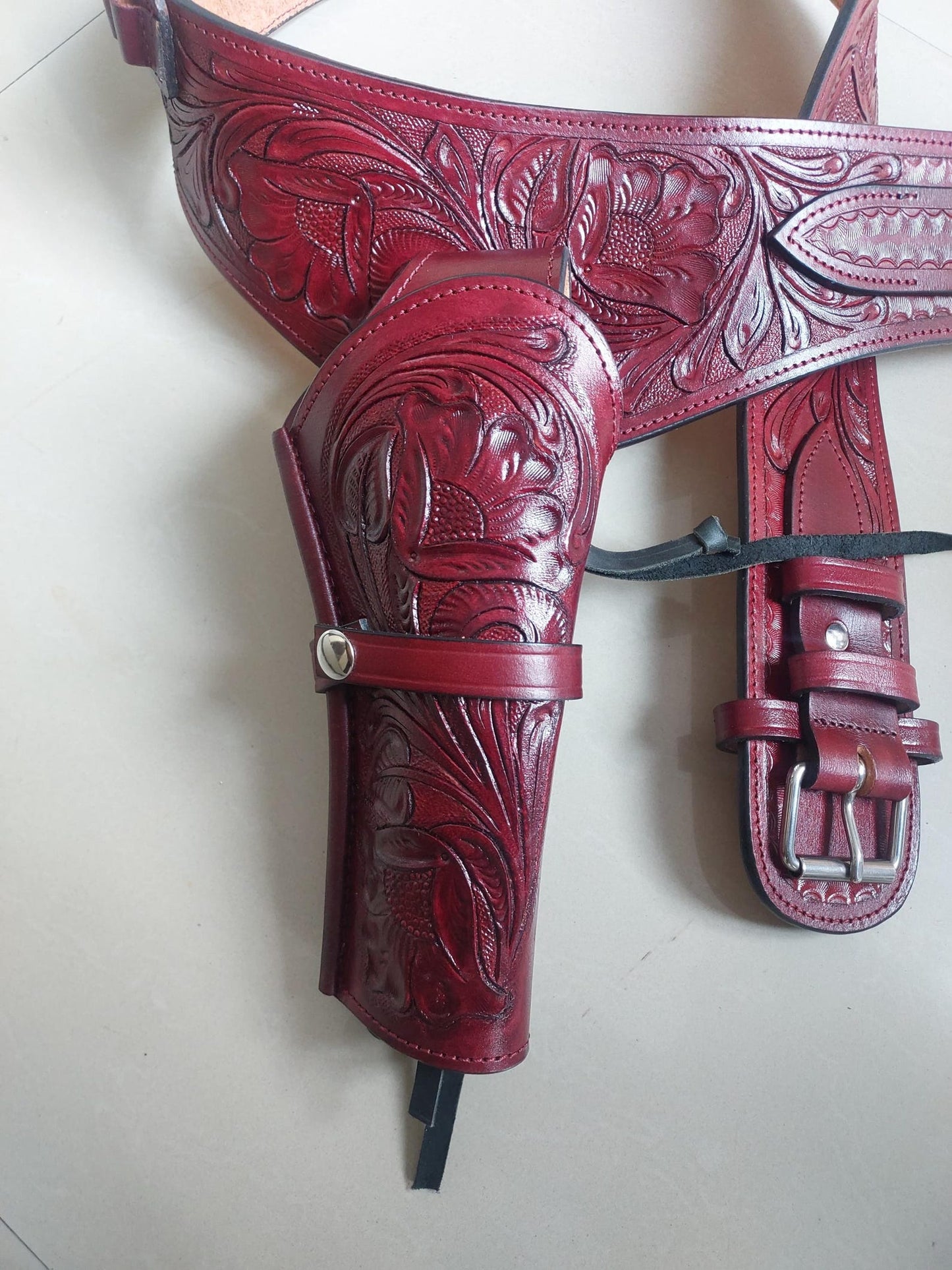 Cowgirl Western Gun Holster Belt – Handmade Burgundy Leather – Fits 3.6" to 8.9" Barrel – .22 .38/357 .44/45 Cal