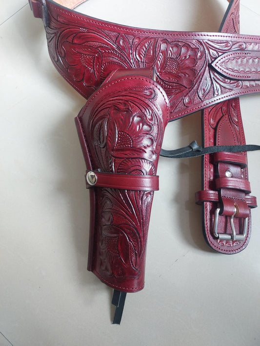 Cowgirl Western Gun Holster Belt – Handmade Burgundy Leather – Fits 3.6" to 8.9" Barrel – .22 .38/357 .44/45 Cal