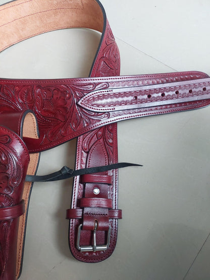 Cowgirl Western Gun Holster Belt – Handmade Burgundy Leather – Fits 3.6" to 8.9" Barrel – .22 .38/357 .44/45 Cal