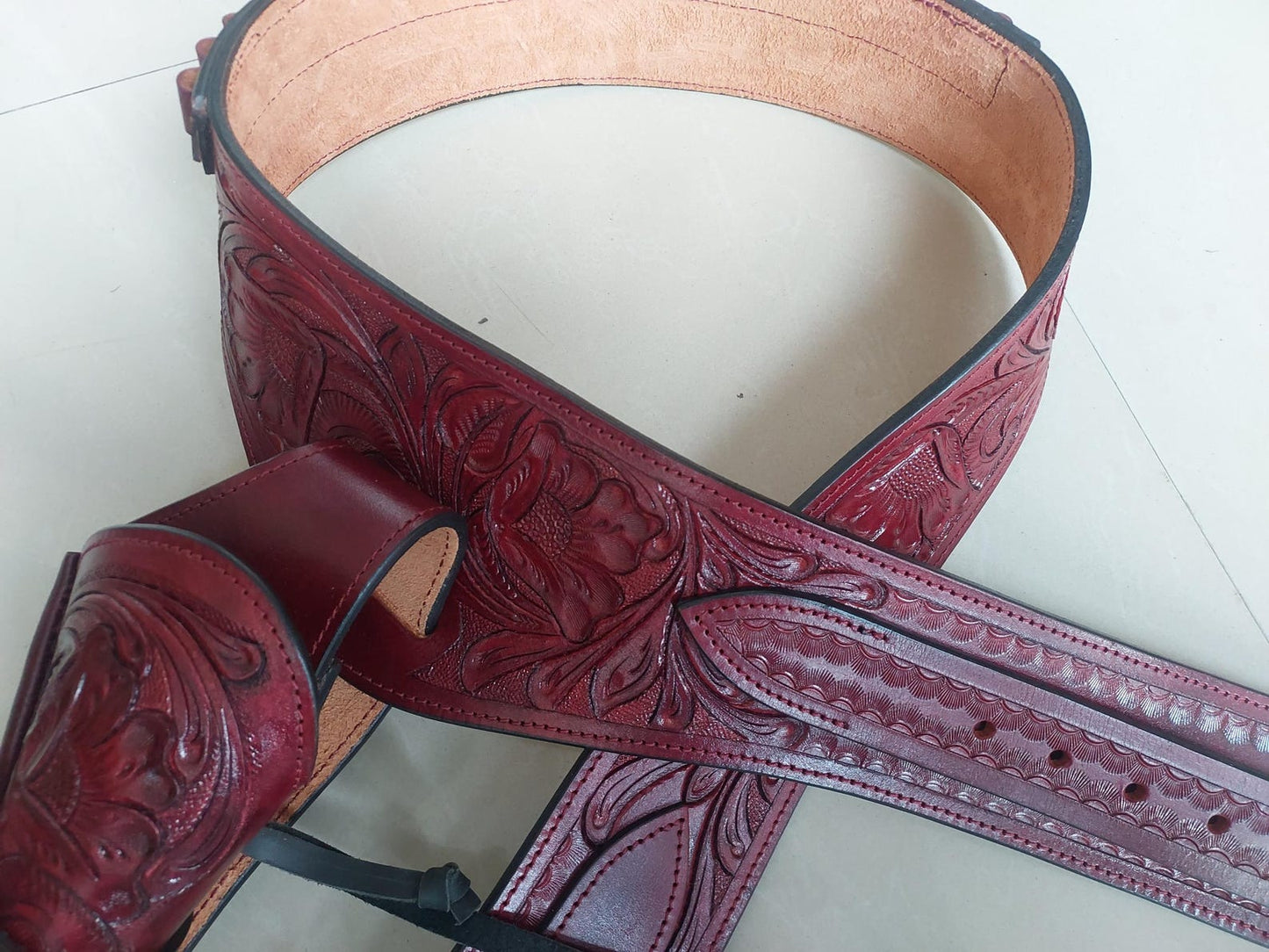 Cowgirl Western Gun Holster Belt – Handmade Burgundy Leather – Fits 3.6" to 8.9" Barrel – .22 .38/357 .44/45 Cal
