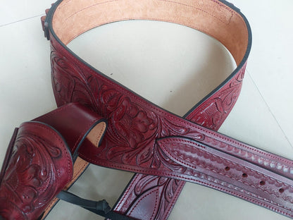 Cowgirl Western Gun Holster Belt – Handmade Burgundy Leather – Fits 3.6" to 8.9" Barrel – .22 .38/357 .44/45 Cal