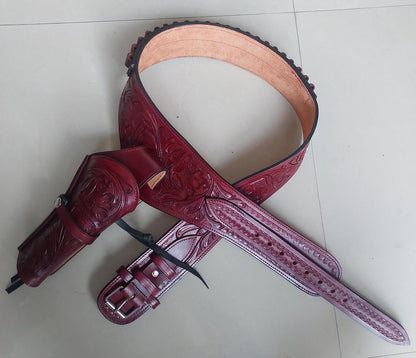 Cowgirl Western Gun Holster Belt – Handmade Burgundy Leather – Fits 3.6" to 8.9" Barrel – .22 .38/357 .44/45 Cal