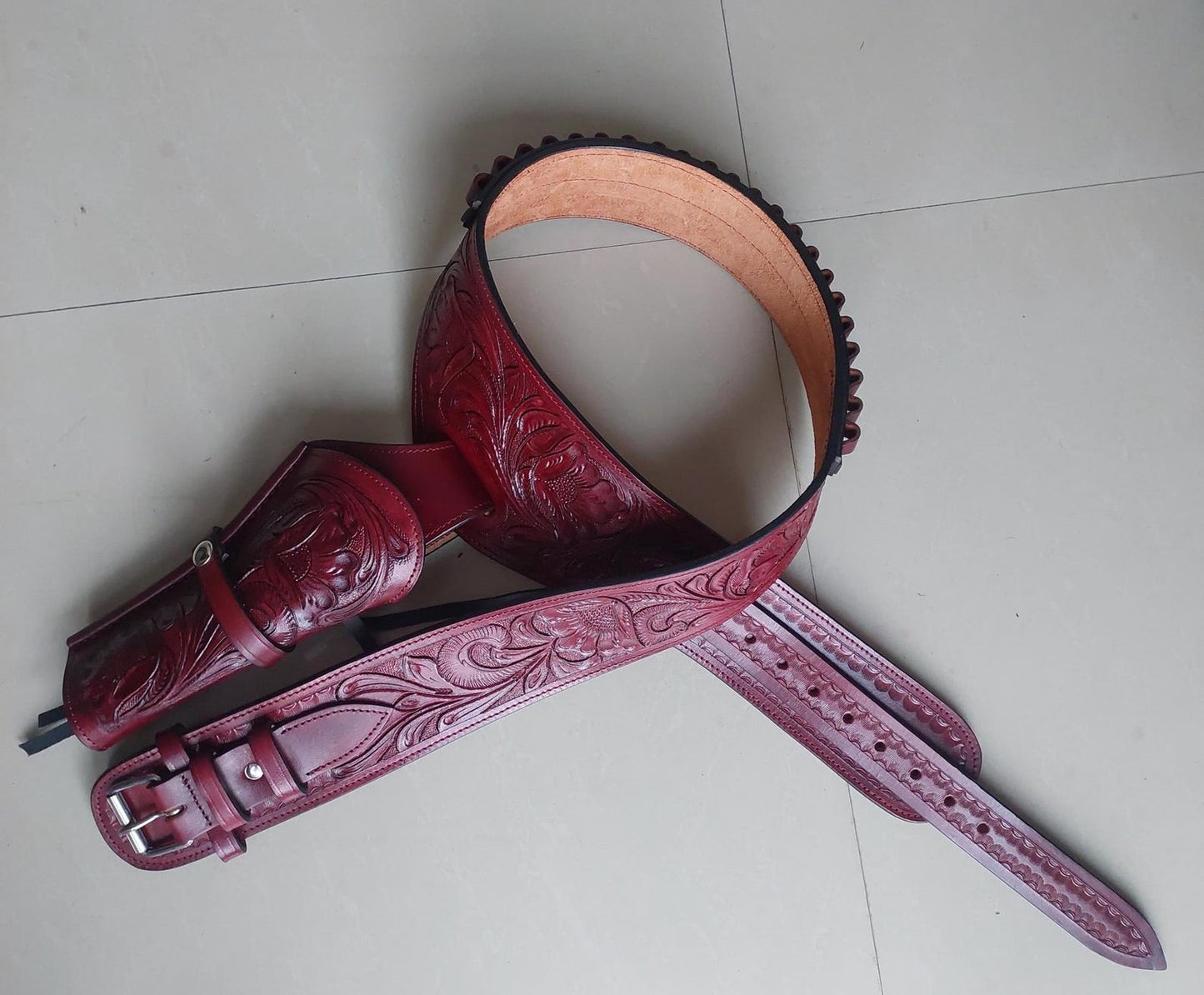 Cowgirl Western Gun Holster Belt – Handmade Burgundy Leather – Fits 3.6" to 8.9" Barrel – .22 .38/357 .44/45 Cal