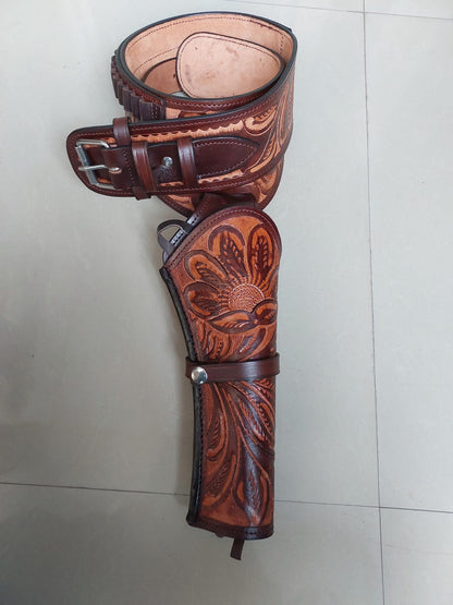 Western Gun Holster Belt – Handmade Dual Color Full Grain Leather – Fits 3.5" to 8.9" Revolvers – .22 .38/357 .44/45 Cal
