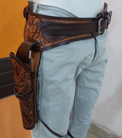 Cowboy Western Leather Gun Holster with Belt – Right Hand Draw – Handmade – Fits 3.5" to 8.9" Revolver – .22, .38/.357, .44/45 Cal