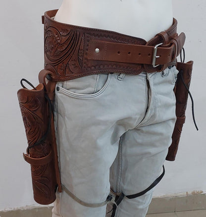 Western Cowboy Dual Cross Draw Gun Holster with Belt – Hand Tooled Leather – Fits 7" Barrel Revolvers – .22, .38/357, .44/45 Cal