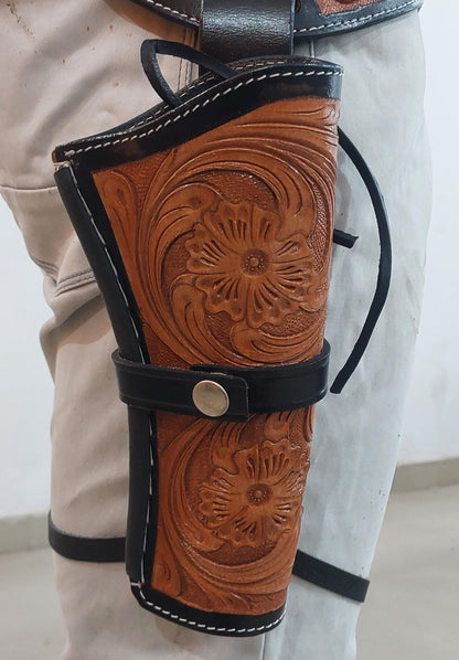 Handmade Western Gun Holster with Belt – Dual Color Leather – Cowboy/Cowgirl Style – Fits 3.5" to 8.9" Barrel – .22 .38/357 .44/45 Cal – Brown
