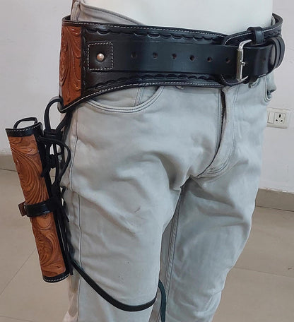 Handmade Western Gun Holster with Belt – Dual Color Leather – Cowboy/Cowgirl Style – Fits 3.5" to 8.9" Barrel – .22 .38/357 .44/45 Cal – Brown