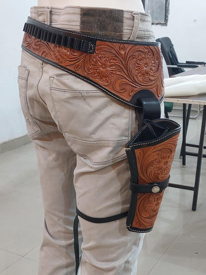 Handmade Western Gun Holster with Belt – Dual Color Leather – Cowboy/Cowgirl Style – Fits 3.5" to 8.9" Barrel – .22 .38/357 .44/45 Cal – Brown