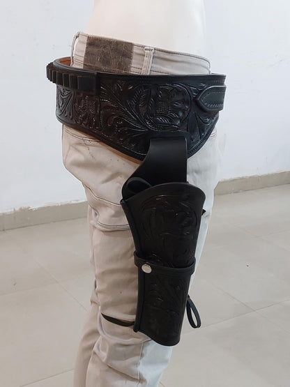 Black Western Cowboy Dual Gun Holster & Belt – Handmade Tooled Leather – Fits 3.5" to 8.9" Barrel – .22 .38/357 .44/45 Cal