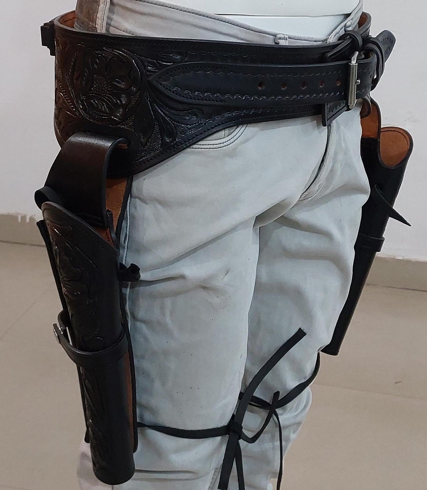 Black Western Cowboy Dual Gun Holster & Belt – Handmade Tooled Leather – Fits 3.5" to 8.9" Barrel – .22 .38/357 .44/45 Cal