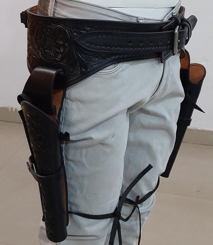 Black Western Cowboy Dual Gun Holster & Belt – Handmade Tooled Leather – Fits 3.5" to 8.9" Barrel – .22 .38/357 .44/45 Cal