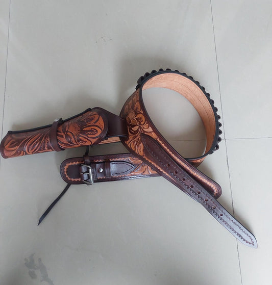 Western Gun Holster Belt – Handmade Dual Color Full Grain Leather – Fits 3.5" to 8.9" Revolvers – .22 .38/357 .44/45 Cal