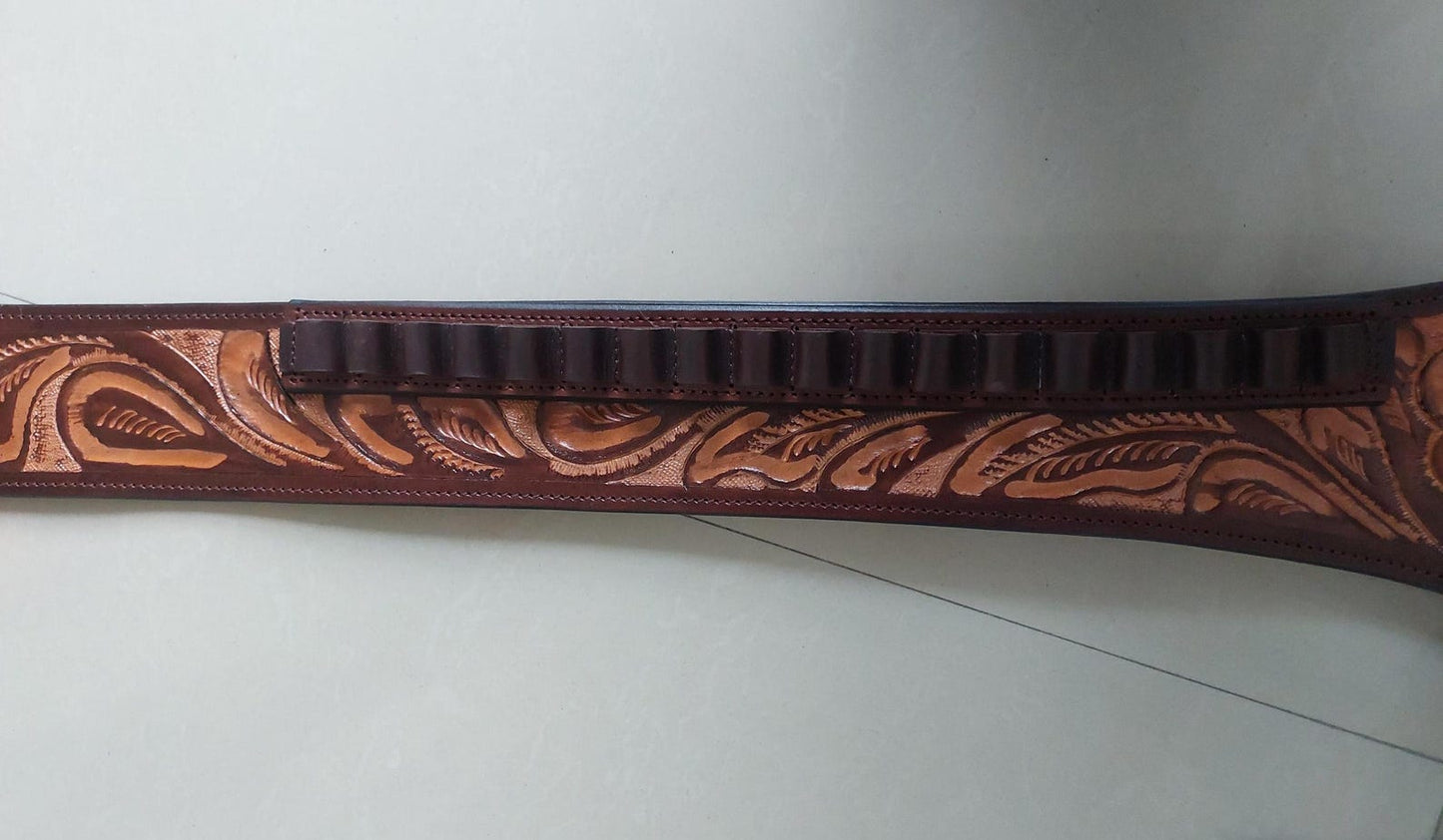 Western Gun Holster Belt – Handmade Dual Color Full Grain Leather – Fits 3.5" to 8.9" Revolvers – .22 .38/357 .44/45 Cal