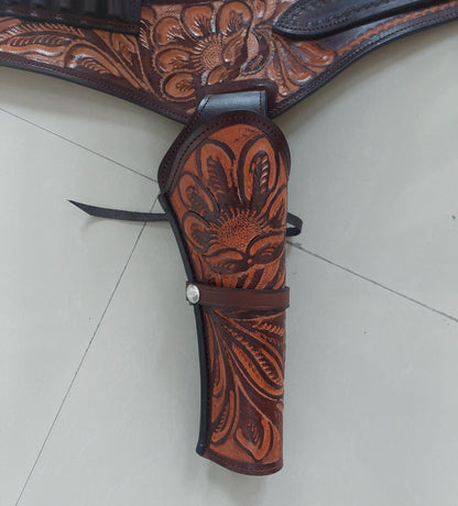 Western Gun Holster Belt – Handmade Dual Color Full Grain Leather – Fits 3.5" to 8.9" Revolvers – .22 .38/357 .44/45 Cal