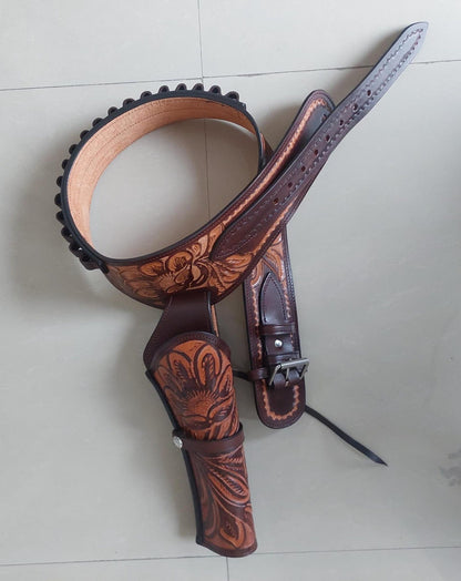 Western Gun Holster Belt – Handmade Dual Color Full Grain Leather – Fits 3.5" to 8.9" Revolvers – .22 .38/357 .44/45 Cal