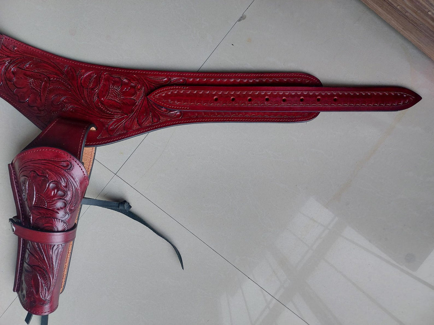 Cowgirl Western Gun Holster Belt – Handmade Burgundy Leather – Fits 3.6" to 8.9" Barrel – .22 .38/357 .44/45 Cal