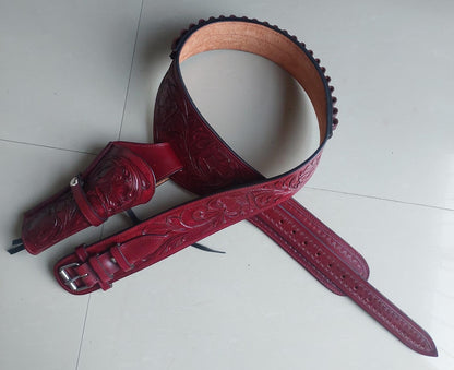 Cowgirl Western Gun Holster Belt – Handmade Burgundy Leather – Fits 3.6" to 8.9" Barrel – .22 .38/357 .44/45 Cal