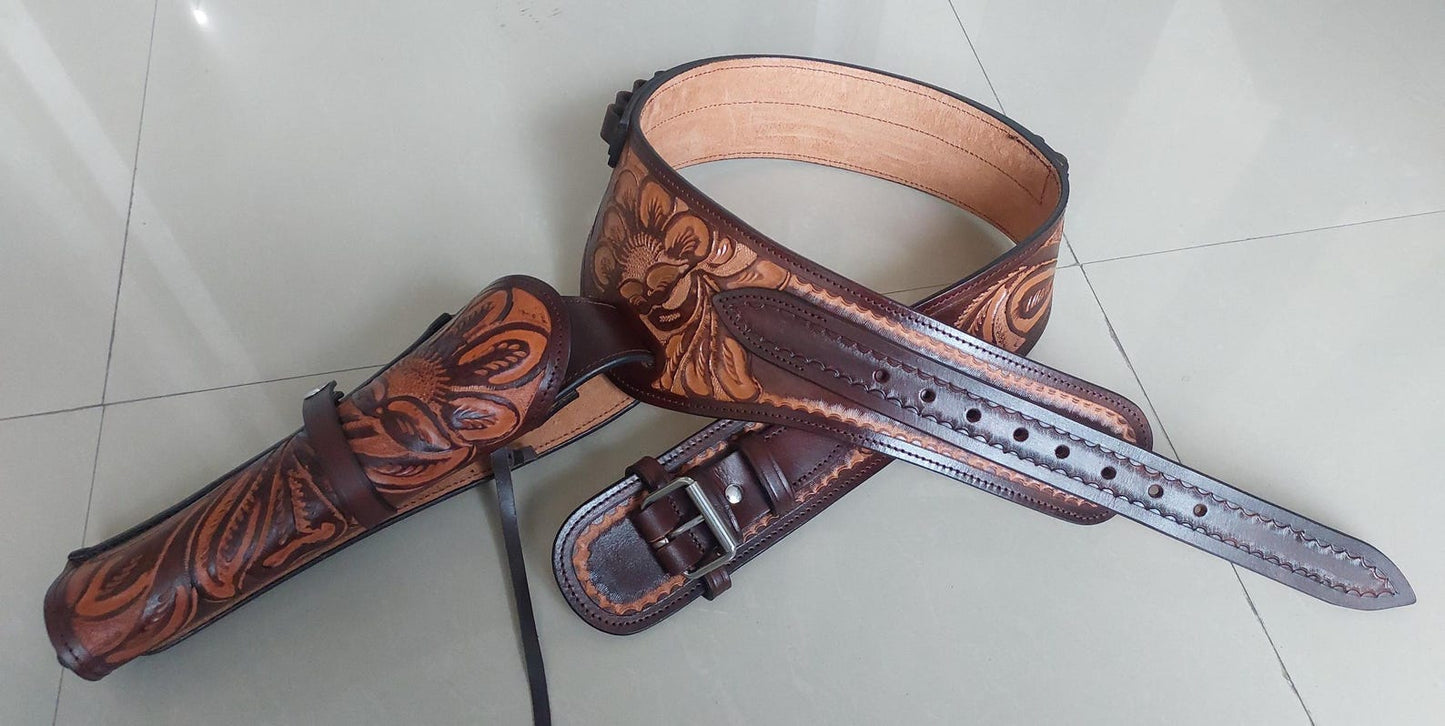Cowboy Western Leather Gun Holster with Belt – Right Hand Draw – Handmade – Fits 3.5" to 8.9" Revolver – .22, .38/.357, .44/45 Cal