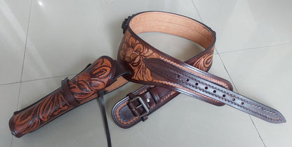 Cowboy Western Leather Gun Holster with Belt – Right Hand Draw – Handmade – Fits 3.5" to 8.9" Revolver – .22, .38/.357, .44/45 Cal