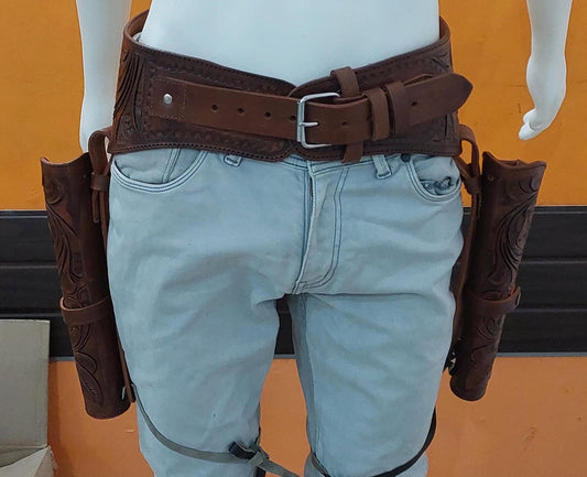Dual Western Revolver Holster  Belt – Handmade Cowboy Leather Rig – Fits .22, .38/357, .44/45 – 4" to 6.5" Barrels