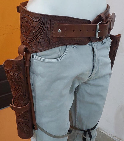 Western Cowboy Dual Cross Draw Gun Holster with Belt – Hand Tooled Leather – Fits 7" Barrel Revolvers – .22, .38/357, .44/45 Cal
