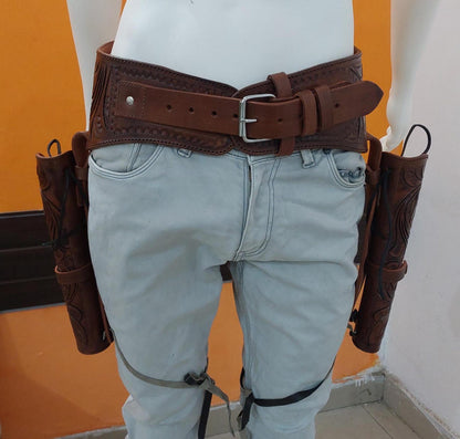 Dual Western Revolver Holster  Belt – Handmade Cowboy Leather Rig – Fits .22, .38/357, .44/45 – 4" to 6.5" Barrels