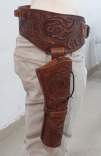 Western Cowboy Dual Cross Draw Gun Holster with Belt – Hand Tooled Leather – Fits 7" Barrel Revolvers – .22, .38/357, .44/45 Cal