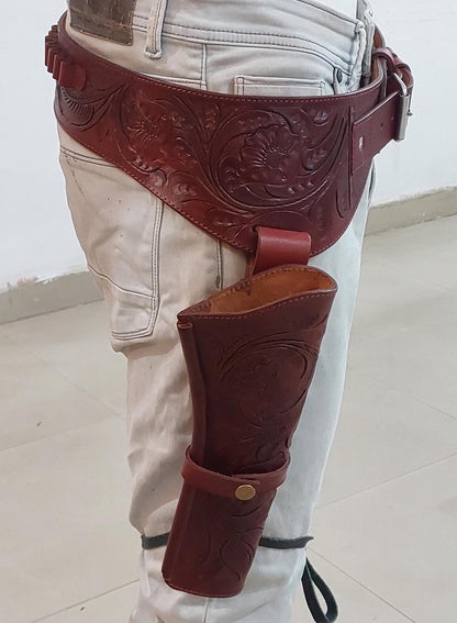 Custom Handmade Leather Revolver Holster Belt – Dual Color – Western Cowboy Style – Fits .22 .38/357 .44/45 Cal