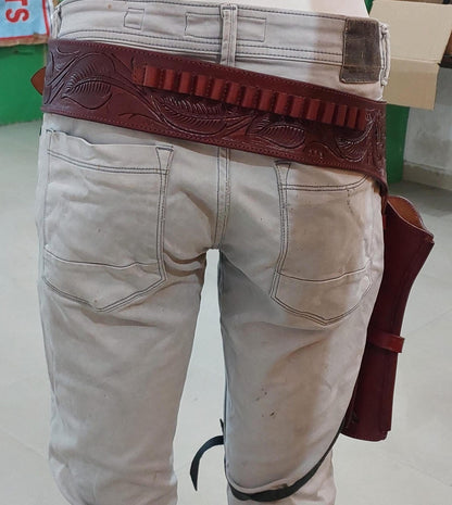 Custom Handmade Leather Revolver Holster Belt – Dual Color – Western Cowboy Style – Fits .22 .38/357 .44/45 Cal