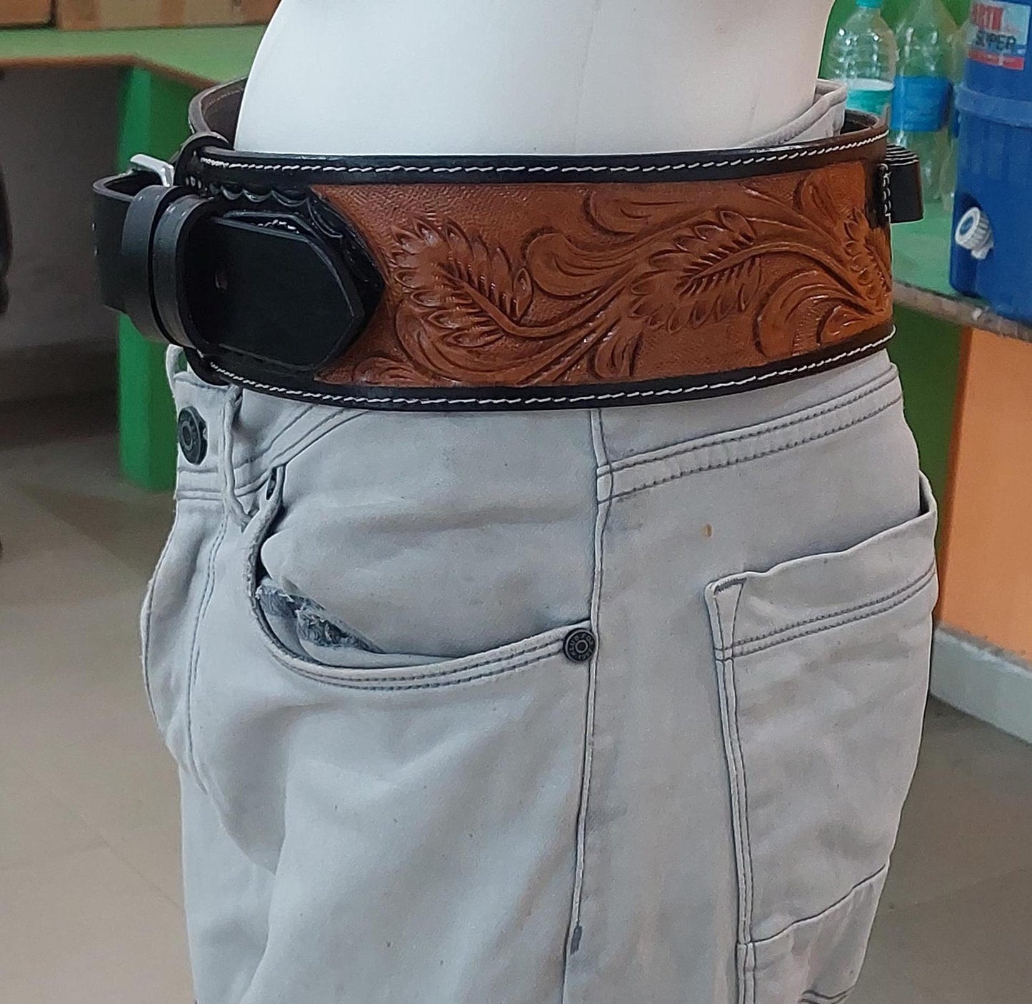 Handmade Western Gun Holster with Belt – Dual Color Leather – Cowboy/Cowgirl Style – Fits 3.5" to 8.9" Barrel – .22 .38/357 .44/45 Cal – Brown