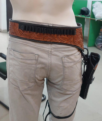 Handmade Western Gun Holster with Belt – Dual Color Leather – Cowboy/Cowgirl Style – Fits 3.5" to 8.9" Barrel – .22 .38/357 .44/45 Cal – Brown