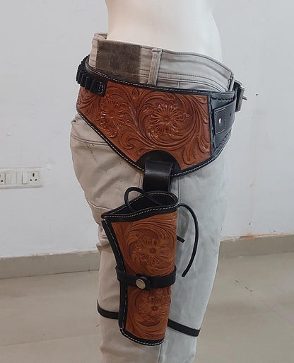 Handmade Western Gun Holster with Belt – Dual Color Leather – Cowboy/Cowgirl Style – Fits 3.5" to 8.9" Barrel – .22 .38/357 .44/45 Cal – Brown