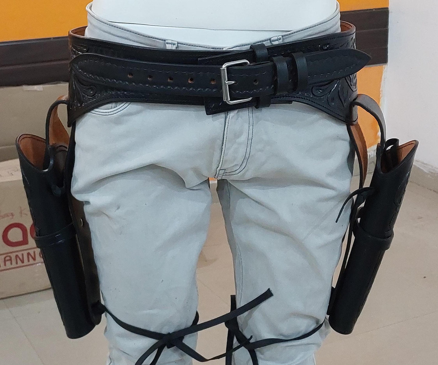 Black Western Cowboy Dual Gun Holster & Belt – Handmade Tooled Leather – Fits 3.5" to 8.9" Barrel – .22 .38/357 .44/45 Cal