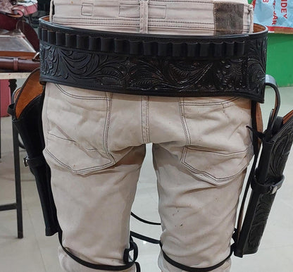 Black Western Cowboy Dual Gun Holster & Belt – Handmade Tooled Leather – Fits 3.5" to 8.9" Barrel – .22 .38/357 .44/45 Cal