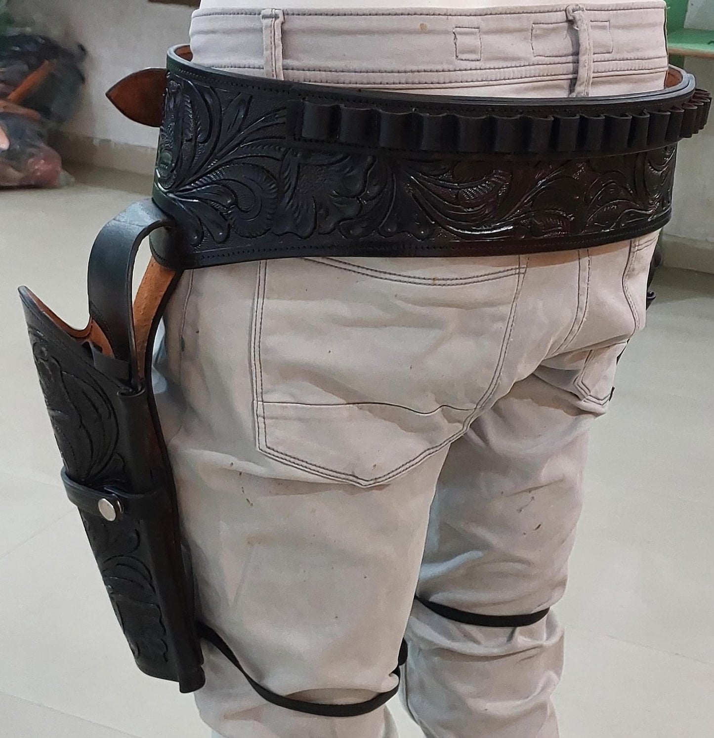 Black Western Cowboy Dual Gun Holster & Belt – Handmade Tooled Leather – Fits 3.5" to 8.9" Barrel – .22 .38/357 .44/45 Cal