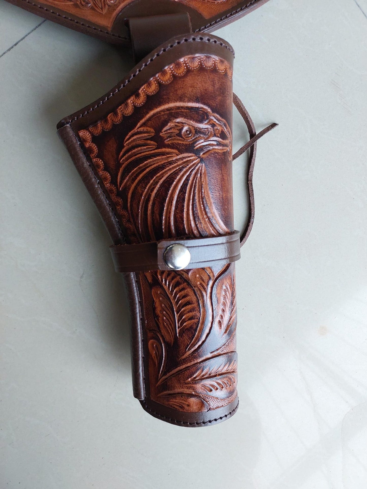 Handmade Western Leather Gun Holster Belt – Eagle  Floral Tooled Design – Fits 3.5” to 8.9” Barrel – .22, .38/357, .44/45 Cal