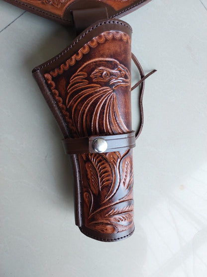 Handmade Western Leather Gun Holster Belt – Eagle  Floral Tooled Design – Fits 3.5” to 8.9” Barrel – .22, .38/357, .44/45 Cal