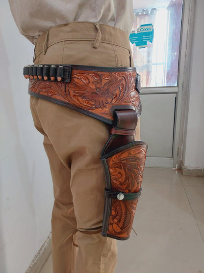 Cowboy Western Leather Gun Holster with Belt – Right Hand Draw – Handmade – Fits 3-4" to 8-9" Barrel Revolver – .22, .38/357, .44/45 Cal