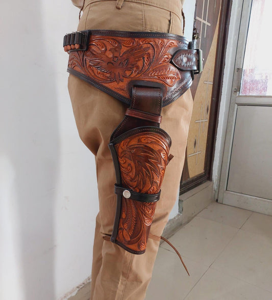 Cowboy Western Leather Gun Holster with Belt – Right Hand Draw – Handmade – Fits 3-4" to 8-9" Barrel Revolver – .22, .38/357, .44/45 Cal