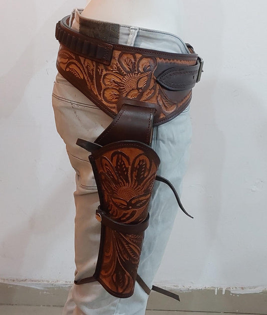 Cowboy Western Leather Gun Holster with Belt – Right Hand Draw – Handmade – Fits 3.5" to 8.9" Revolver – .22, .38/.357, .44/45 Cal