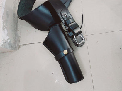 Western Gun Holster Belt – Cowgirl Style – Handmade Full-Grain Black Leather – Fits 3.5" to 8.9" Revolvers – .22 .38/357 .44/45 Cal