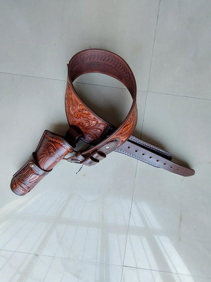 Handmade Western Leather Gun Holster Belt – Eagle  Floral Tooled Design – Fits 3.5” to 8.9” Barrel – .22, .38/357, .44/45 Cal