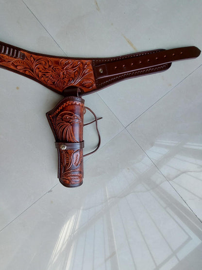 Handmade Western Leather Gun Holster Belt – Eagle  Floral Tooled Design – Fits 3.5” to 8.9” Barrel – .22, .38/357, .44/45 Cal
