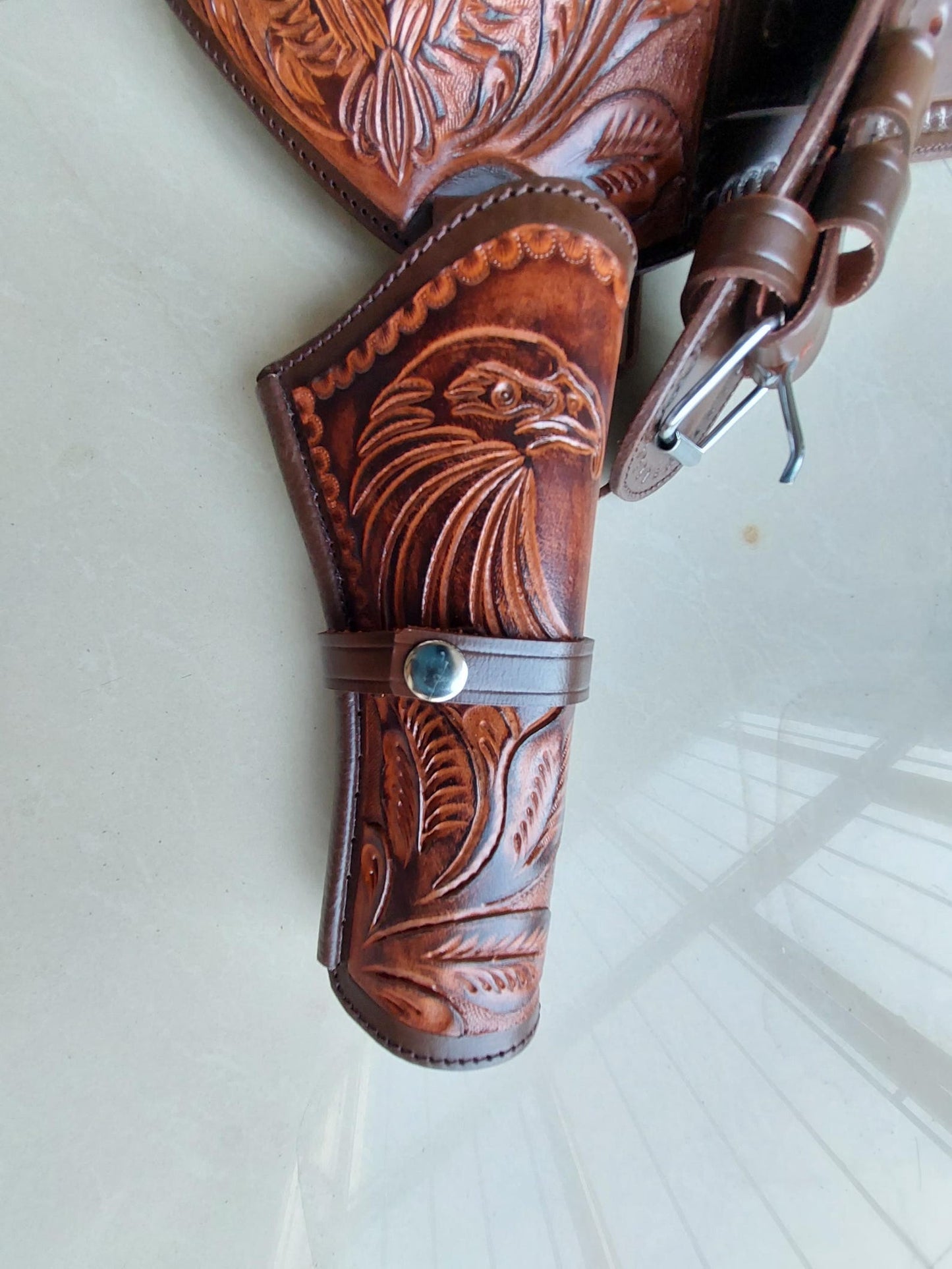Handmade Western Leather Gun Holster Belt – Eagle  Floral Tooled Design – Fits 3.5” to 8.9” Barrel – .22, .38/357, .44/45 Cal