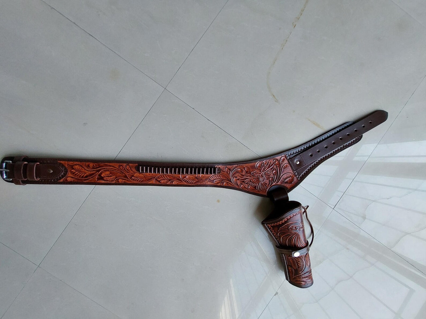 Handmade Western Leather Gun Holster Belt – Eagle  Floral Tooled Design – Fits 3.5” to 8.9” Barrel – .22, .38/357, .44/45 Cal