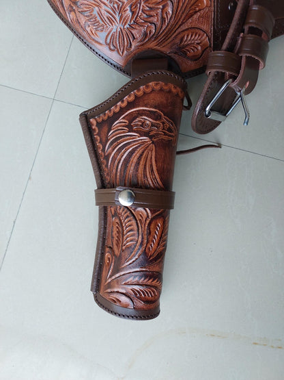 Handmade Western Leather Gun Holster Belt – Eagle  Floral Tooled Design – Fits 3.5” to 8.9” Barrel – .22, .38/357, .44/45 Cal