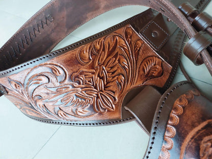 Handmade Western Leather Gun Holster Belt – Eagle  Floral Tooled Design – Fits 3.5” to 8.9” Barrel – .22, .38/357, .44/45 Cal