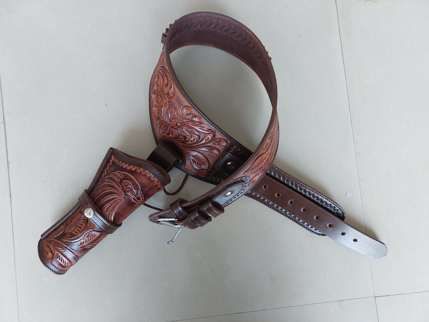 Handmade Western Leather Gun Holster Belt – Eagle  Floral Tooled Design – Fits 3.5” to 8.9” Barrel – .22, .38/357, .44/45 Cal