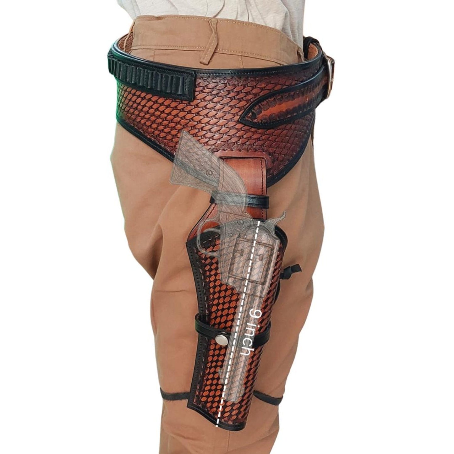Handcrafted Western Leather Gun Holster & Belt – Right Hand Draw – Fits 3.4" to 8.9" Revolver – .22 .38/357 .44/45 Cal – Cowboy Style
